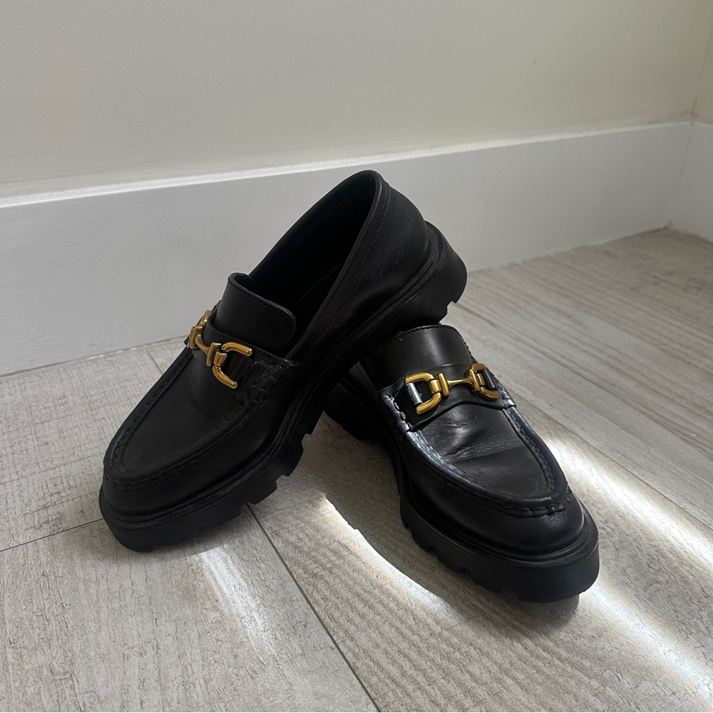 Zara Black Loafers with Gold Buckle